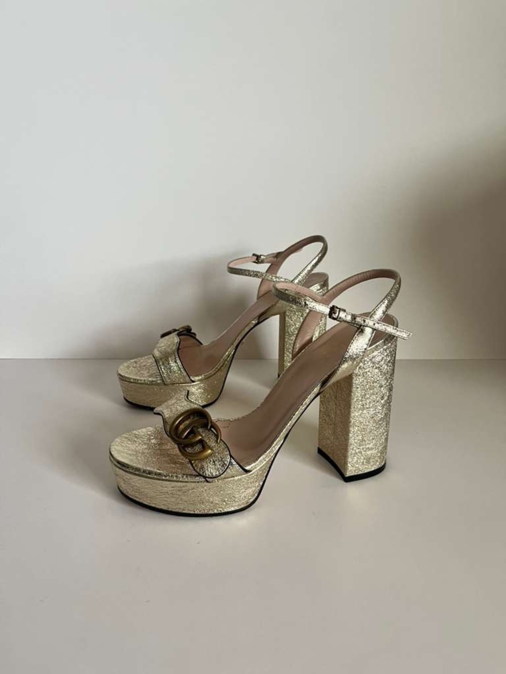 Gucci Gold Platform Block Heel Sandals with Double G